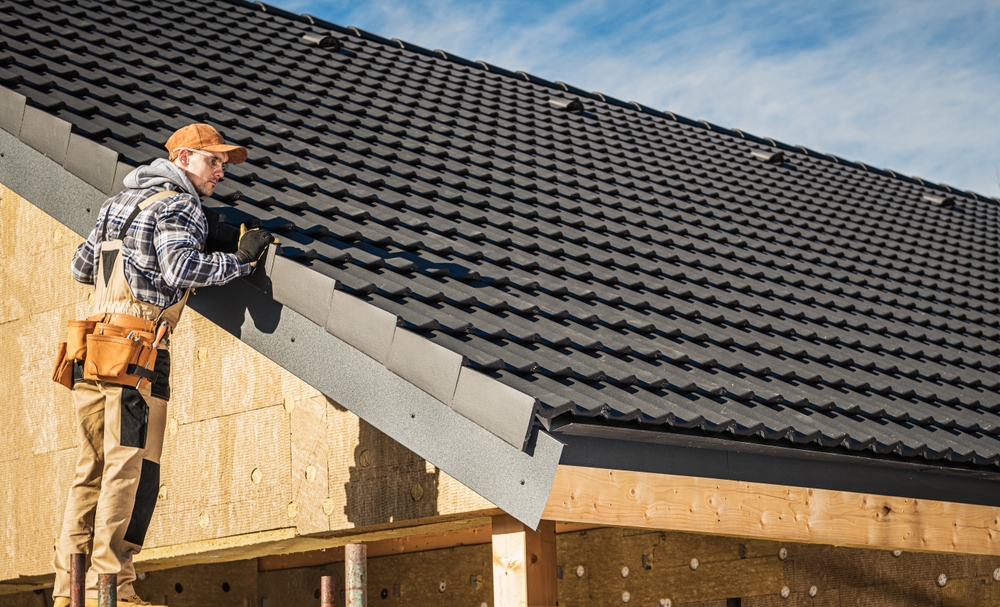 Black,ceramic,house,tiles,roof,construction,theme.,contractor,roofer,checking